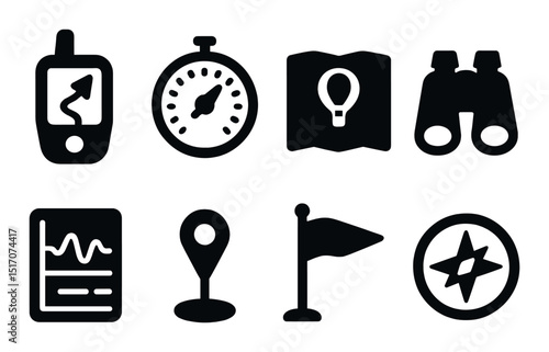 Navigation and travel silhouette icon set. journey and adventure symbols collection