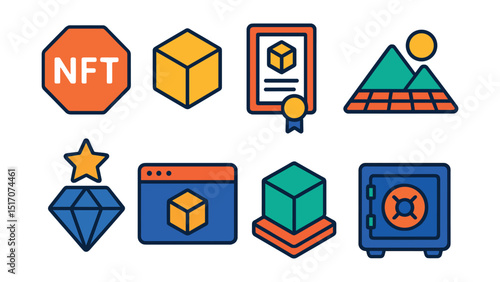 Flat vector icons of metaverse NFTs and digital assets: NFT badge, 3D collectible, ownership certificate, digital land token, rarity icon, NFT marketplace screen, minting cube, asset vault.