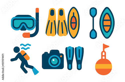 Flat vector icons of water activities: snorkeling mask, flippers, paddleboard, inflatable kayak, diving icon, underwater camera, swim fins, buoy.