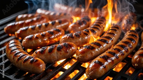 Delicious grilled sausages on a barbecue grill