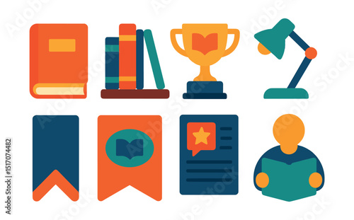 Flat vector icons of literature and reading: hardcover book, bookshelf, literature trophy, reading lamp, bookmark icon, genre label, literary critique page, author reading.