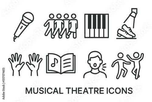 Musical theatre linear icon set: performance and stage entertainment graphics