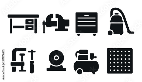 Workshop tools silhouette icon set. diy and handyman equipment symbols