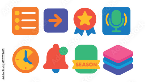 Flat vector icons of podcast episodes and content: episode list, next episode icon, featured episode badge, episode thumbnail, time duration symbol, new episode alert, season tag, multi-episode stack