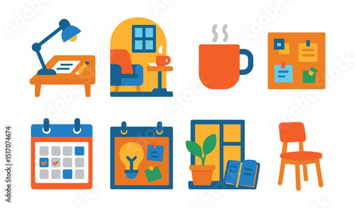 Flat vector icons of writer's workspace: desk with lamp, cozy writing nook, cup of coffee, bookshelf with notes, calendar with deadlines, pin board with ideas, plant by window, chair and journal.