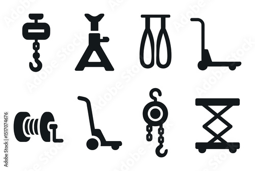 Industrial equipment silhouette icon set. machinery and tools symbols
