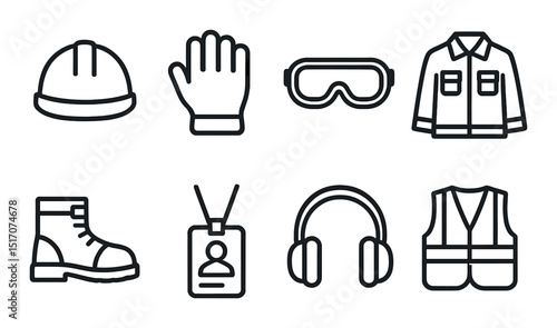 Construction and safety linear icon set. protective gear and equipment symbols
