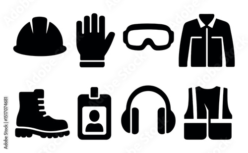 Safety equipment silhouette icon set. personal protective gear and safety symbols.