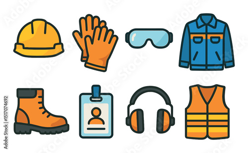 Safety equipment flat icon set. protective gear and workwear symbols for industry use