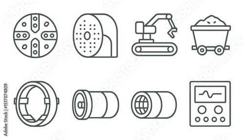 Mining industry linear icon set. equipment and machinery symbols for projects