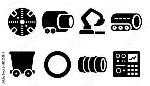 Construction and heavy equipment icon set. silhouette style machinery graphics