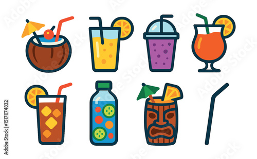 Flat vector icons of summer drinks: coconut cocktail, lemonade glass, smoothie cup, tropical punch, iced tea, fruit water, tiki drink, reusable straw.