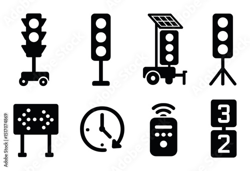 Traffic and road safety silhouette icon set. transportation and warning symbols