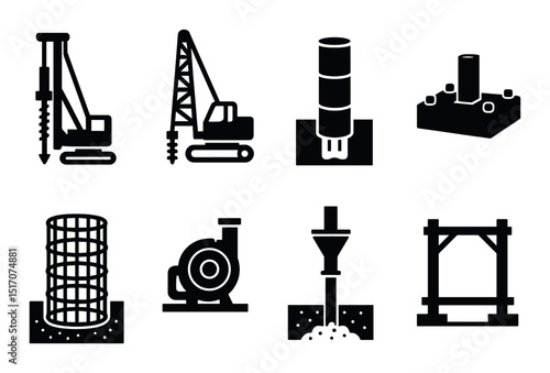 Construction and industrial silhouette icon set. engineering and machinery symbols