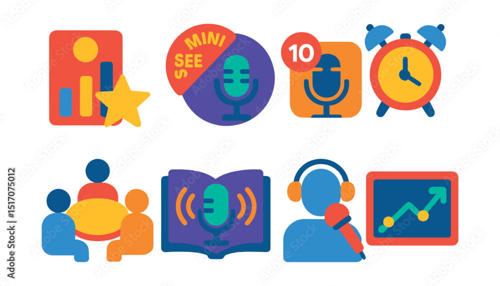 Flat vector icons of podcast trends and formats: top charts icon, mini-series badge, limited series icon, daily format, roundtable symbol, storytelling trend, interview format icon, trend graph. Flat vector icons of podcast trends and formats: top charts icon, mini-series badge, limited series icon, daily format, roundtable symbol, storytelling trend, interview format icon, trend graph.