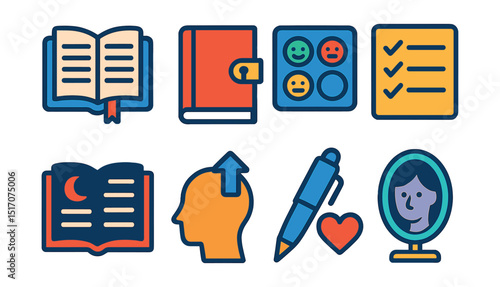 Flat vector icons of journaling and self-reflection: daily journal, lockable diary, mood tracker, gratitude list, dream log, personal growth icon, pen with heart, reflection mirror.