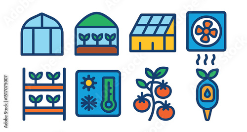 Flat vector icons of greenhouses and plant shelters: greenhouse structure, indoor crops, glass roof, ventilation system, growing shelf, climate control panel, tomato vine, humidity sensor.