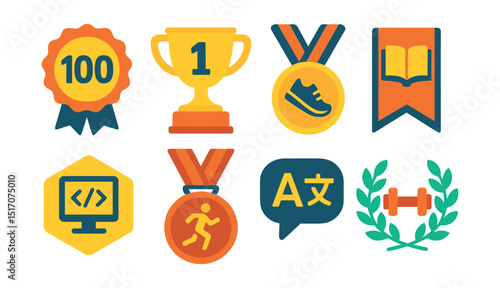 Flat vector icons of milestone celebration awards: completing 100 tasks badge, reaching one-year anniversary trophy, 10k steps per day medal, reading challenge finisher ribbon, coding streak