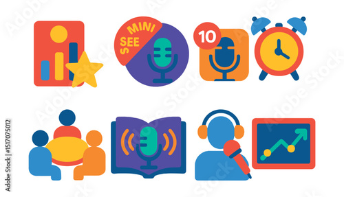 Flat vector icons of podcast trends and formats: top charts icon, mini-series badge, limited series icon, daily format, roundtable symbol, storytelling trend, interview format icon, trend graph.