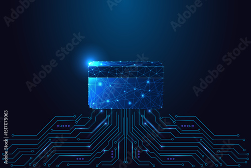 Online payments, fintech, cybersecurity, banking tech concept with digital credit card and circuit