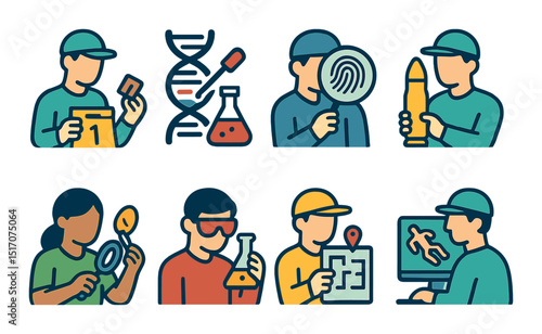 Forensic science flat icon set. crime investigation and lab analysis symbols