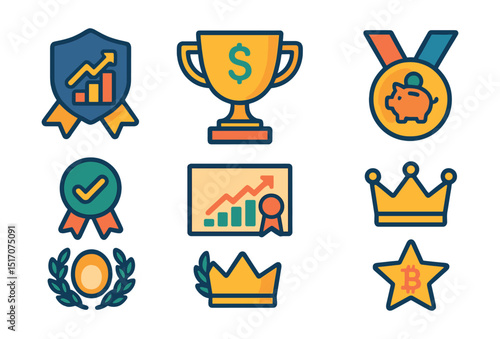 Flat vector icons of financial achievement awards: top investor badge, financial literacy champion trophy, savings goal completion medal, budgeting master ribbon, best financial planner certificate,