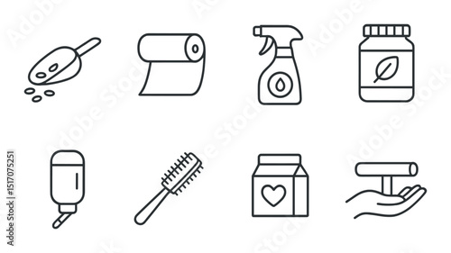 Cleaning essentials linear icon set. hygiene and sanitation symbols for home care
