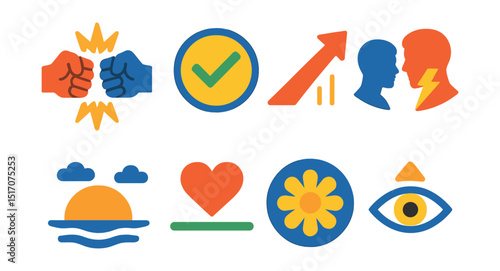 Flat vector icons of storytelling elements: conflict icon, resolution badge, rising tension arrow, character vs character, setting sun scene, theme symbol, motif circle, foreshadowing eye.