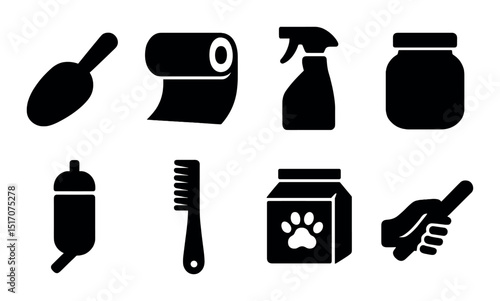 Pet care silhouette icon set: animal grooming and supplies symbols for your project
