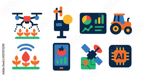 Flat vector icons of agritech and smart farming: drone spraying field, weather sensor, data dashboard, automated tractor, smart irrigation, farm app interface, satellite map, AI icon.