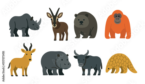 Endangered animals icon set in flat style. wildlife conservation symbols