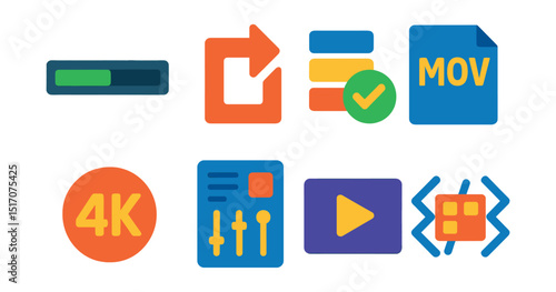 Flat vector icons of rendering and exporting: render progress bar, export icon, render queue, output format icon, video resolution badge, export settings panel, final output icon, encoding symbol.