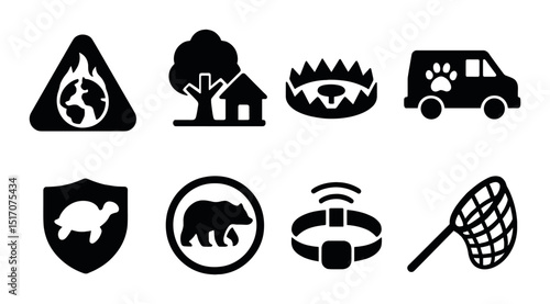 Wildlife and conservation silhouette icon set. nature and animal protection symbols