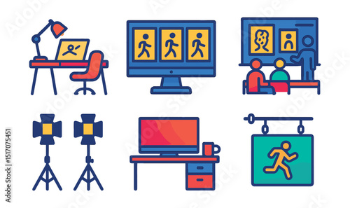 Flat vector icons of animation studio and workspace: animator desk, monitor with frames, concept sketch wall, team meeting, studio lights, workstation setup, file cabinet, animation studio sign.