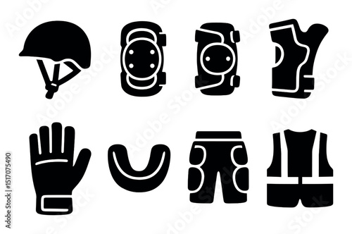 Protective gear silhouette icon set. safety, equipment, and security symbols