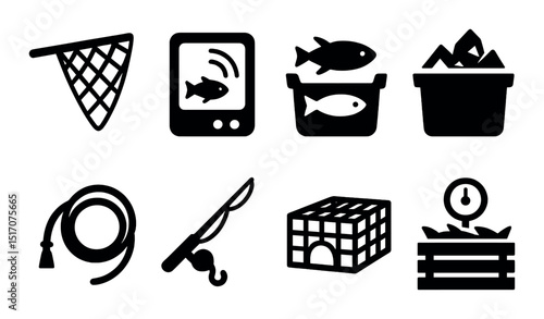 Fishing silhouette icon set: angling, aquatic life, and fishery symbols for design