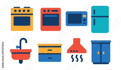 Flat vector icons of kitchen equipment: stove, oven, microwave, refrigerator, sink, countertop, exhaust hood, kitchen cabinet.