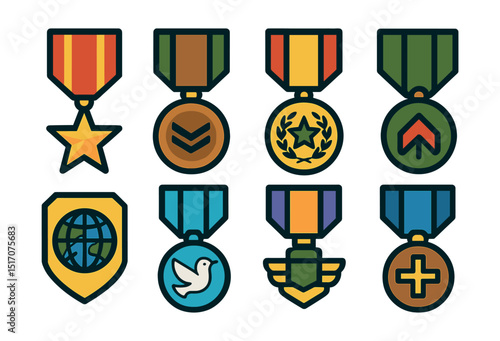 Flat vector icons of military-style medals (neutral design): bravery award medal, endurance service medal, leadership excellence medal, mission success medal, international cooperation medal,