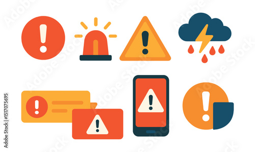 Flat vector icons of weather warnings and alerts: red alert icon, siren symbol, hazard triangle, severe weather symbol, alert notification, emergency banner, alert app, public advisory.