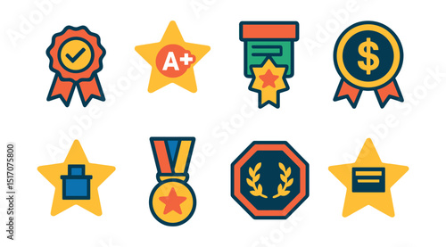 Flat vector icons of academic ratings: top grade badge, A+ performance star, best project award icon, scholarship excellence rating, best presentation star, outstanding thesis medal, academic merit