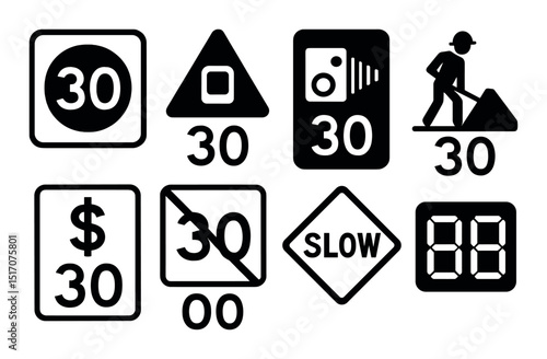 Traffic signs silhouette icon set. road safety and warning symbols