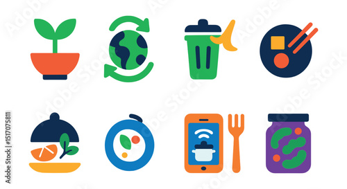 Flat vector icons of cooking trends: plant-based icon, food sustainability, zero waste, fusion cuisine, gourmet presentation, minimal plating, smart cooking, fermented food.