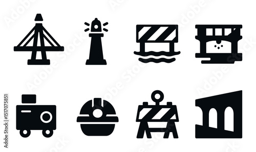 Construction silhouette icon set. building, architecture, and infrastructure symbols