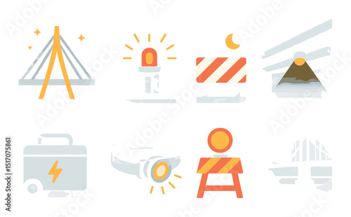 Construction equipment icon set: flat style symbols for tools and safety graphics