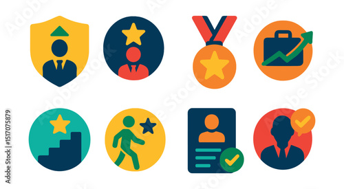 Flat vector icons of career growth ratings: leadership training top badge, executive coaching achievement star, career mentorship excellence medal, job promotion milestone badge, career transition