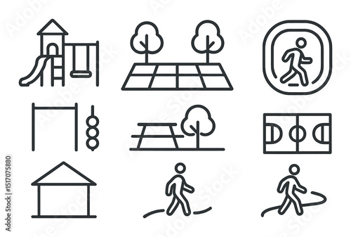 Outdoor recreation linear icon set. park, playground, and sport symbols