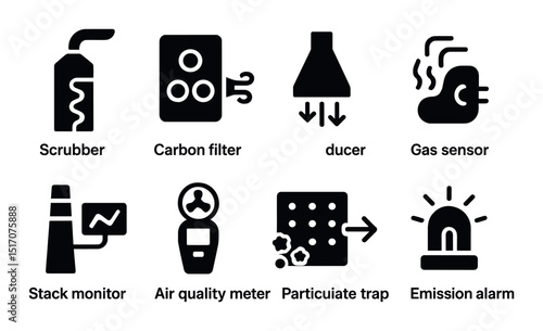 Air quality monitoring icon set: flat style, pollution and environment symbols