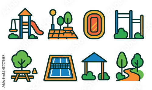 Playground icon set in flat style. park and outdoor activity symbols
