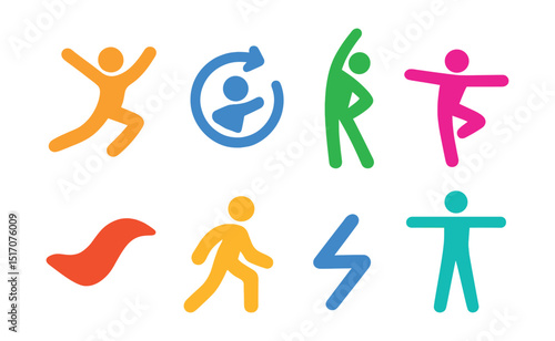 Flat vector icons of movement and poses: leap icon, spin motion, stretch pose, balance position, flowing shape, grounded step, dynamic line icon, isolation practice.