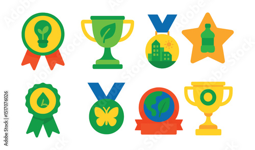 Flat vector icons of sustainability hackathons: eco-innovation hackathon badge, green tech sprint trophy, sustainable city planning hackathon medal, plastic-free solutions challenge star, renewable